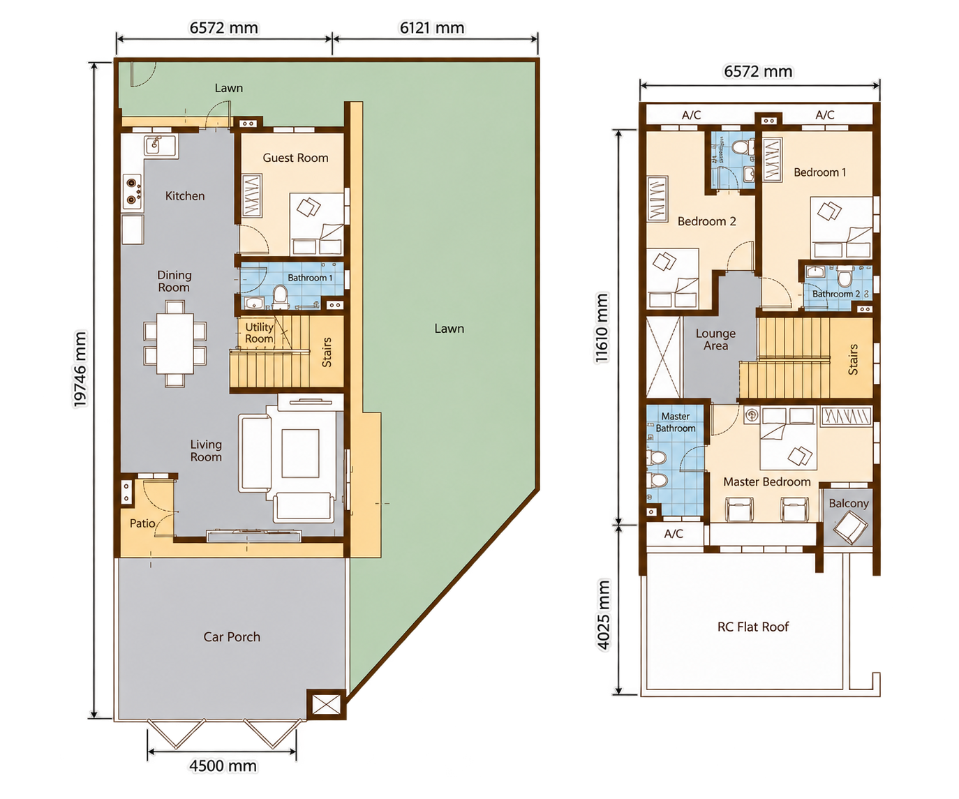 Kirana Type B corner lot floor plan with original labels and dimensions